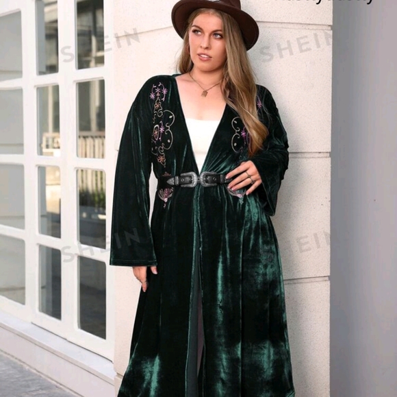 Plus velvet open front embroidered dark green 3xl - Picture 4 of 4